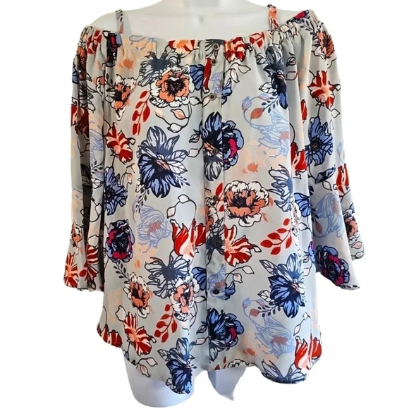 Seven Sisters XL Blue Floral Button Up Cottagecore Bohemian Fairy Pretty Blouse - Picture 1 of 5